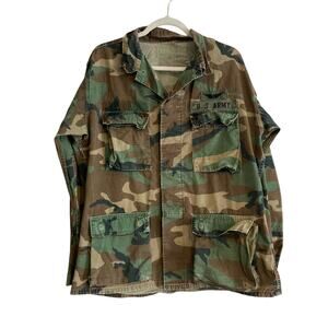 Vintage 70s US Army Brown Military Green Camo Button Up Cotton Jacket Sz Medium